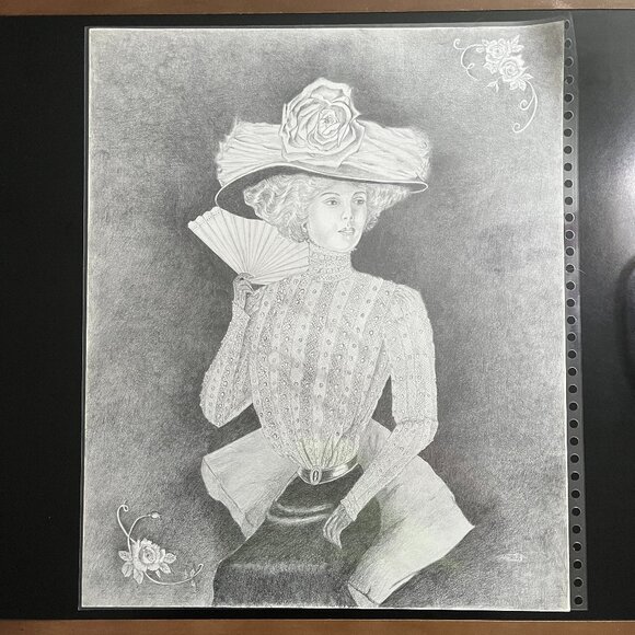 Victorian Woman Hat Hand Fan Graphite Pencil Paper Signed Elizabeth Dowdy 1997 - Picture 1 of 8